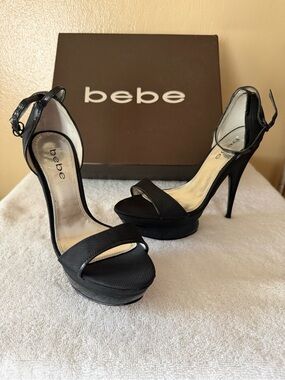 bebe Banan Black Platform Ankle-Strap Stiletto Sandals